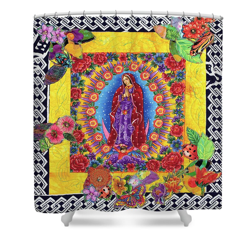Day Of The Dead Shower Curtain featuring the mixed media Center of Day of the Dead by Vivian Aumond