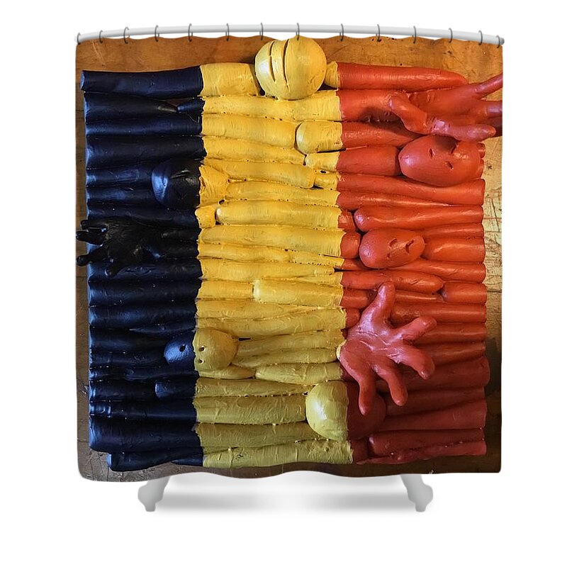 Hands And Heads Shower Curtain featuring the relief Chad State of the Union by Janet Lipp