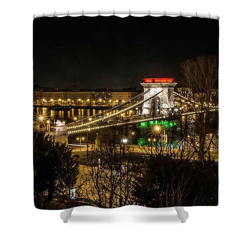 Budapest Shower Curtain featuring the photograph Chain Bridge lit up as the Hungarian Flag in Budapest by Tito Slack