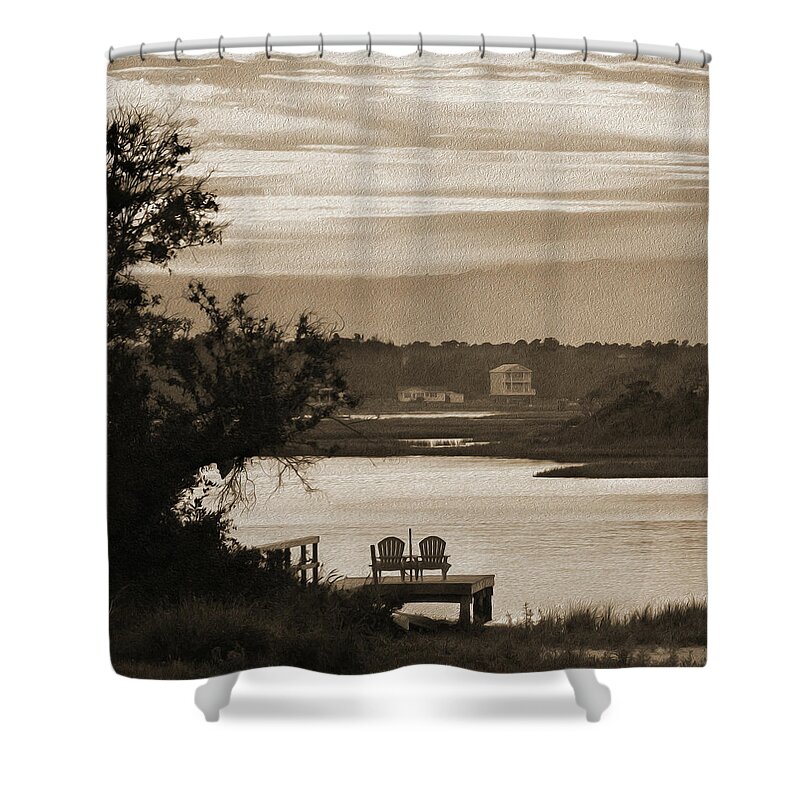 Beach Scene Shower Curtain featuring the photograph Chairs on a Dock by Mike McGlothlen