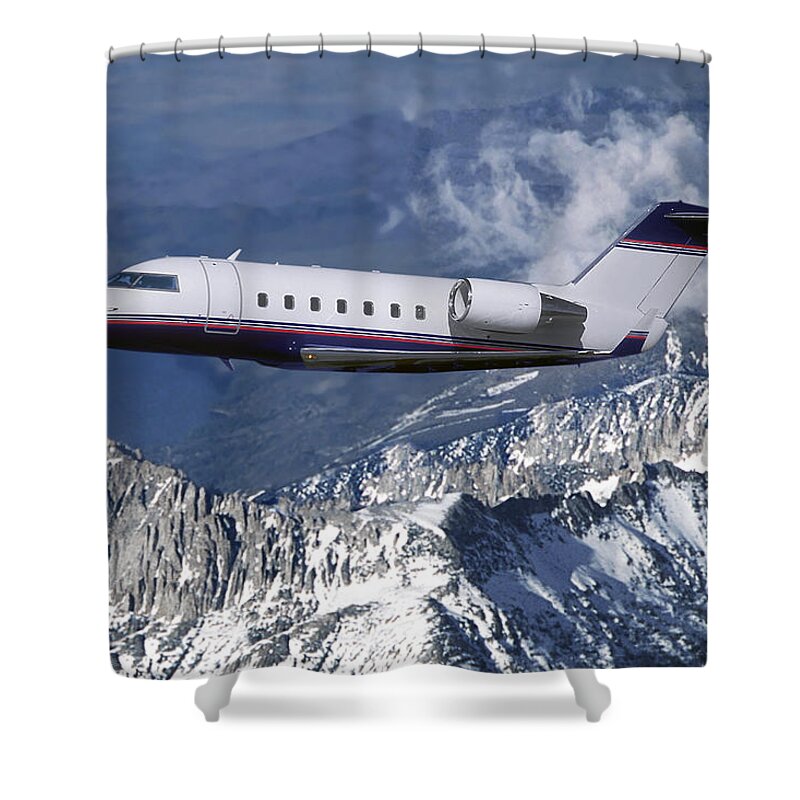 Challenger Business Jet Shower Curtain featuring the mixed media Challenger Corporate Jet over Snowcapped Mountains by Erik Simonsen