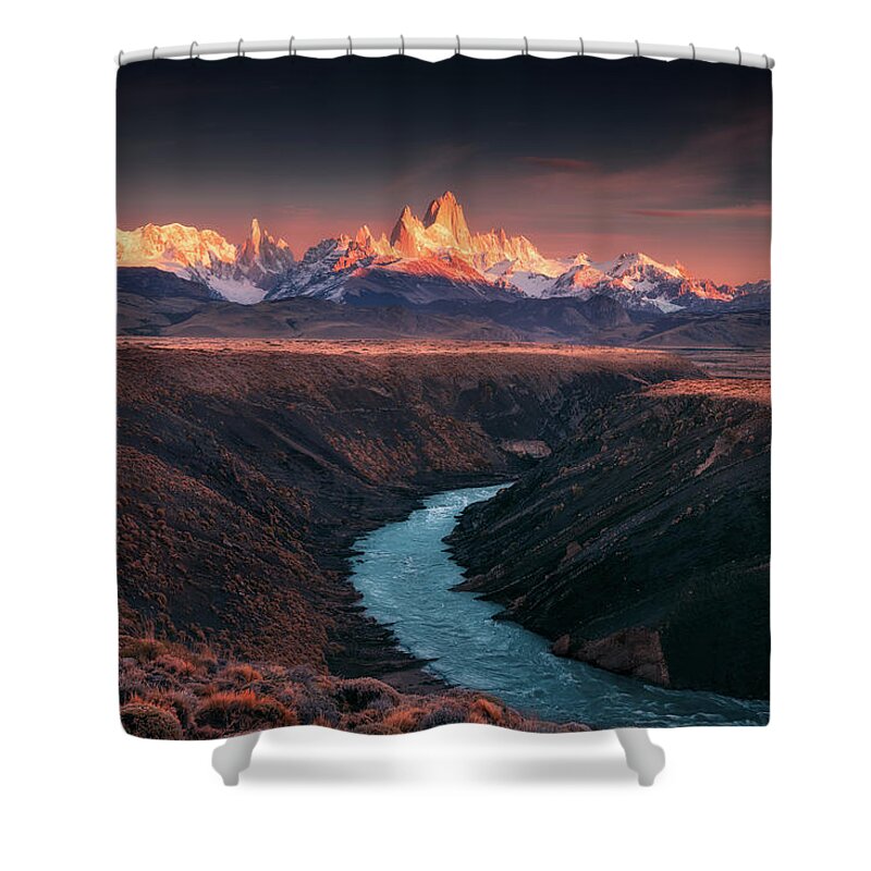 Mountains Shower Curtain featuring the photograph Chalten Sunrise by Henry w Liu