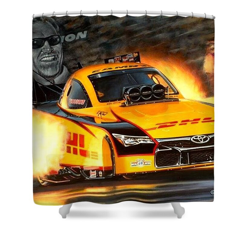 Nhra Drag Racing Top Fuel Funny Car Kenny Youngblood Tom Mcewen Mongoose John Force Del Worsham Shower Curtain featuring the painting Championship Delivery by Kenny Youngblood