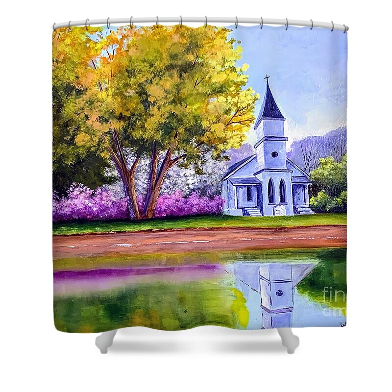 Lake Shower Curtain featuring the painting Chapel on the lake by Jerry Walker