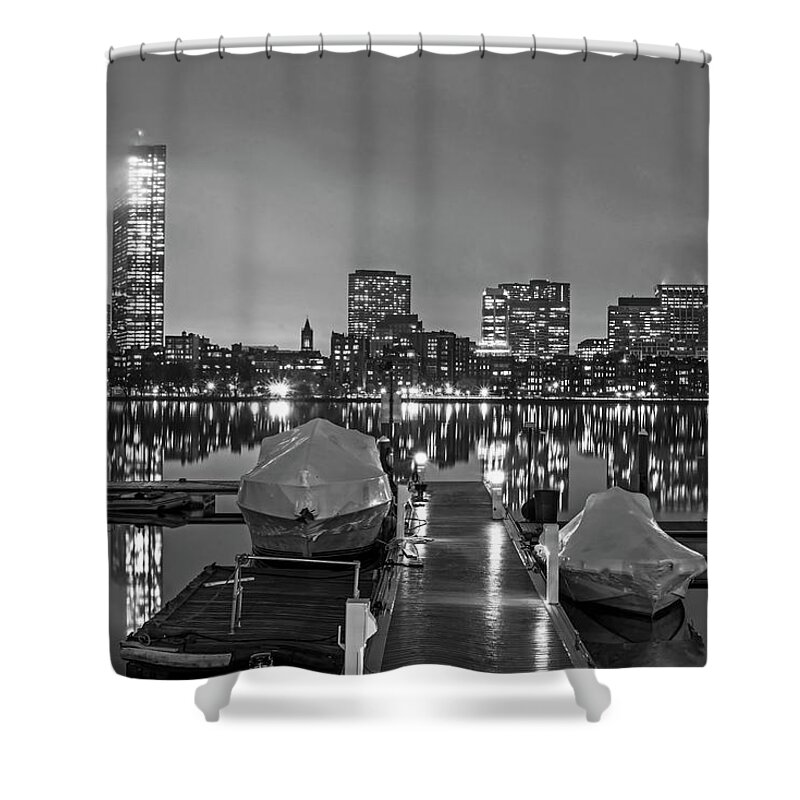 Boston Shower Curtain featuring the photograph Charles RIver Rainy Night Clear Reflection Pier Black and White by Toby McGuire