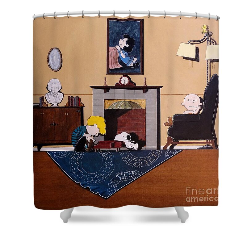 Peanuts Shower Curtain featuring the painting Charlie Brown Sitting in a Chair by John Lyes