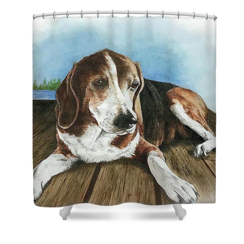 Commissioned Beagle Watercolour Art By Patrice Shower Curtain featuring the painting Charlie by Patrice Clarkson