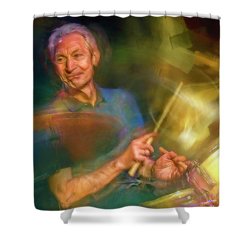 Charlie Watts Shower Curtain featuring the mixed media Charlie Watts Drummer by Mal Bray