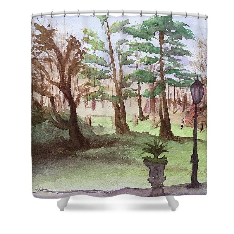 Landscape Shower Curtain featuring the painting Stanhill Court in Charlwood by Roxy Rich