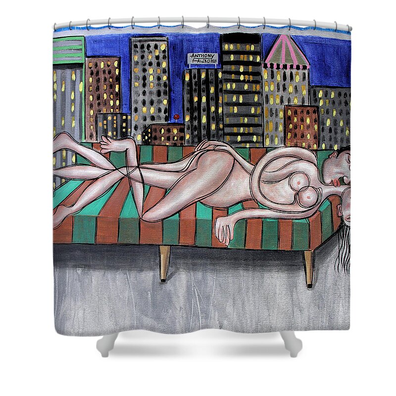 Nude Shower Curtain featuring the painting Cheap Room With A View by Anthony Falbo