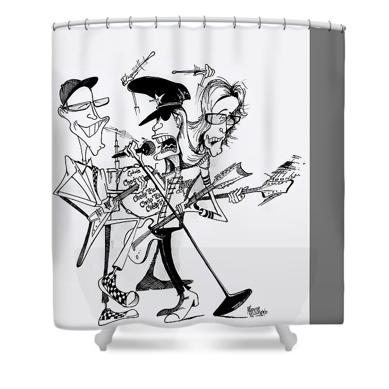 Cheap Shower Curtain featuring the drawing Cheap Trick by Michael Hopkins