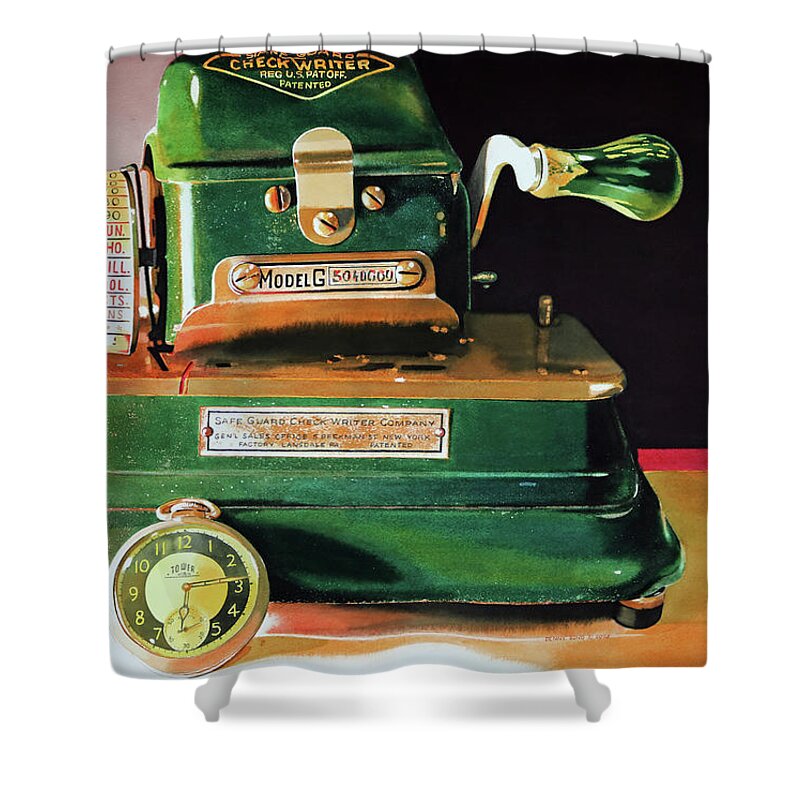Vintage Check Writer Machine Shower Curtain featuring the painting Checked by Denny Bond