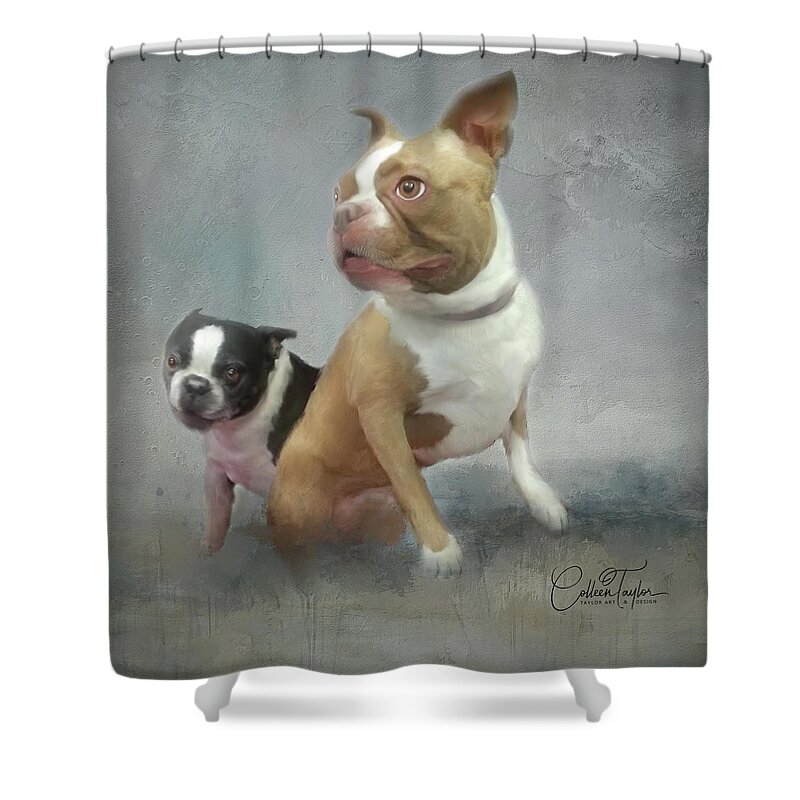 Boston Terrier's Shower Curtain featuring the mixed media Cheech and Chong by Colleen Taylor