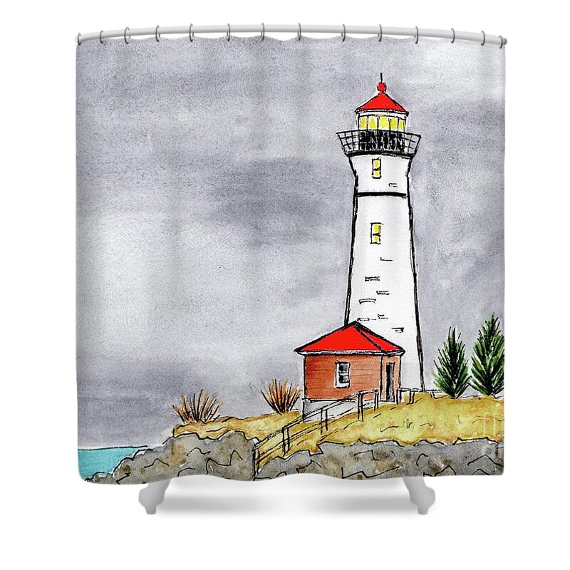 Maine Lighthouse Shower Curtain featuring the painting Brave Red Top Maine Lighthouse by Donna Mibus