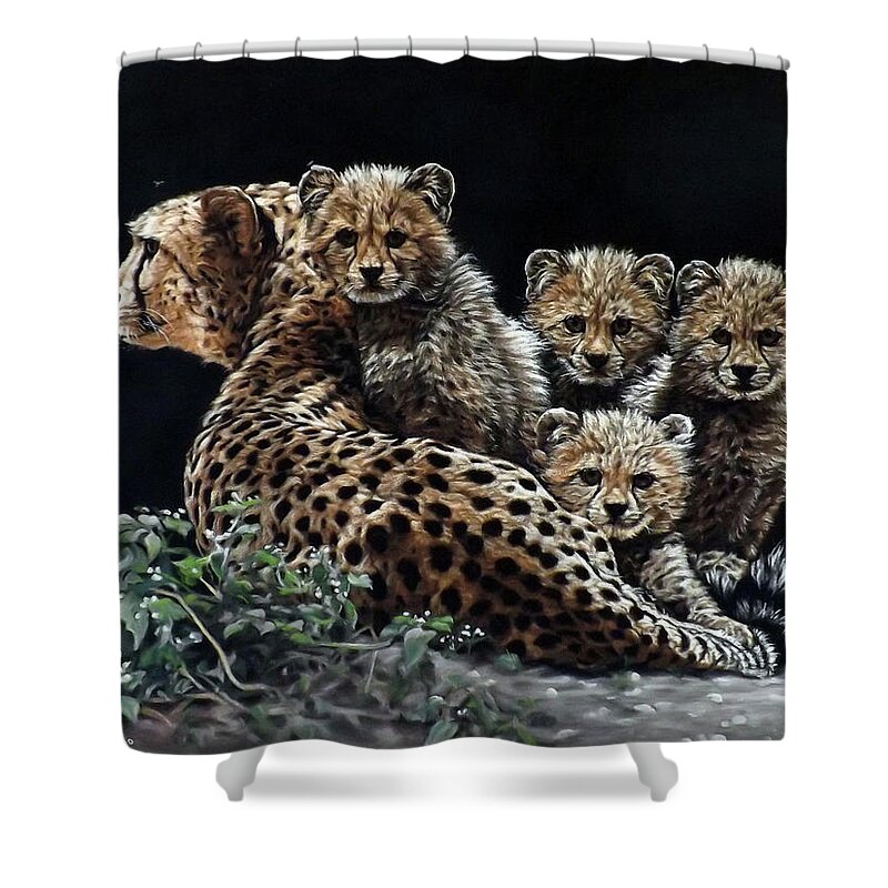 Cheetah Shower Curtain featuring the pastel Cheetah Family by Linda Becker