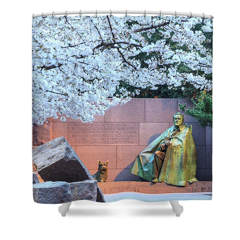 Washington Shower Curtain featuring the photograph Cherry blossoms and Washington FDR monument by Steven Heap