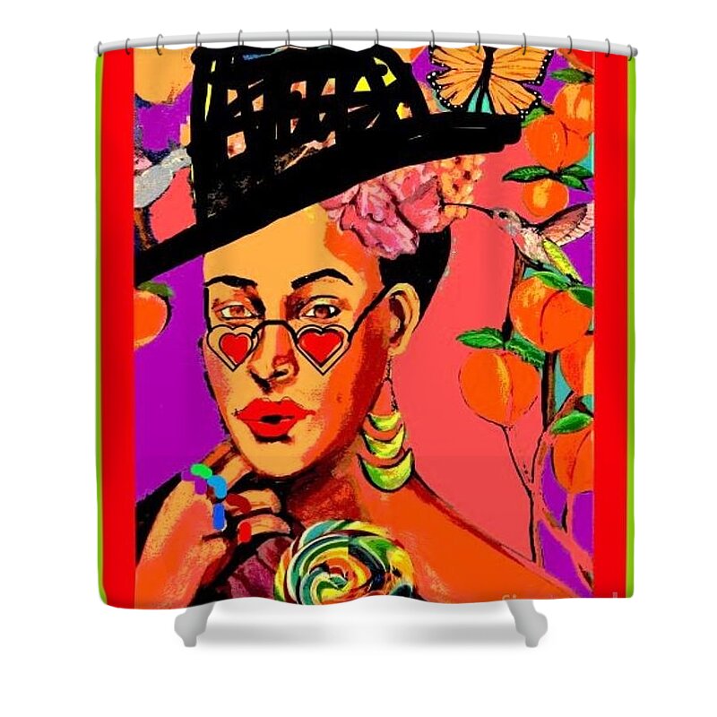 Hummingbird Shower Curtain featuring the mixed media Cherry Lime Fedora Queen by Ecinja Art Works