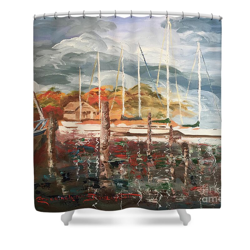 Oil Painting Shower Curtain featuring the painting Reflections at Cherry Point Marina in Autumn Oil Painting by Catherine Ludwig Donleycott