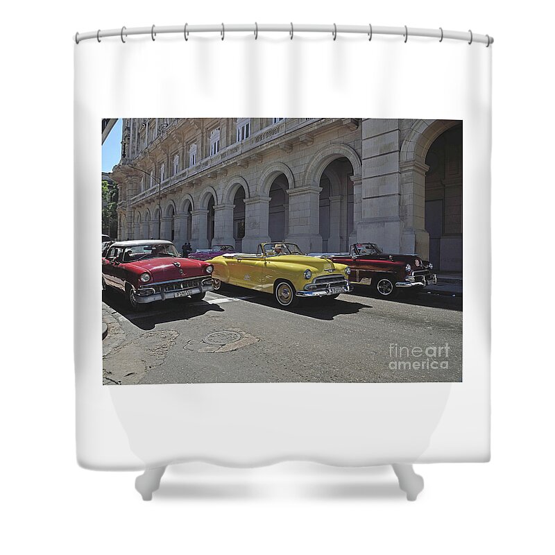 Chevrolet Shower Curtain featuring the photograph Chevy, Ford, And Chrysler Ready To Move, Havana, Cuba. by Tom Wurl