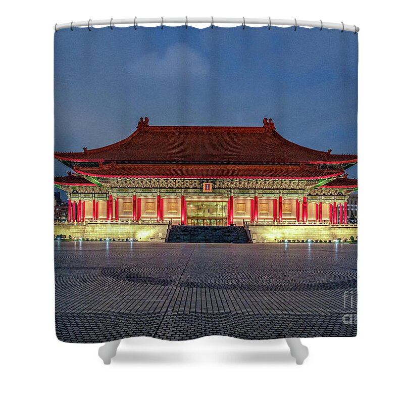 Chiang Shower Curtain featuring the photograph Chiang Kai-shek Memorial Hall at Night by Traveler's Pics