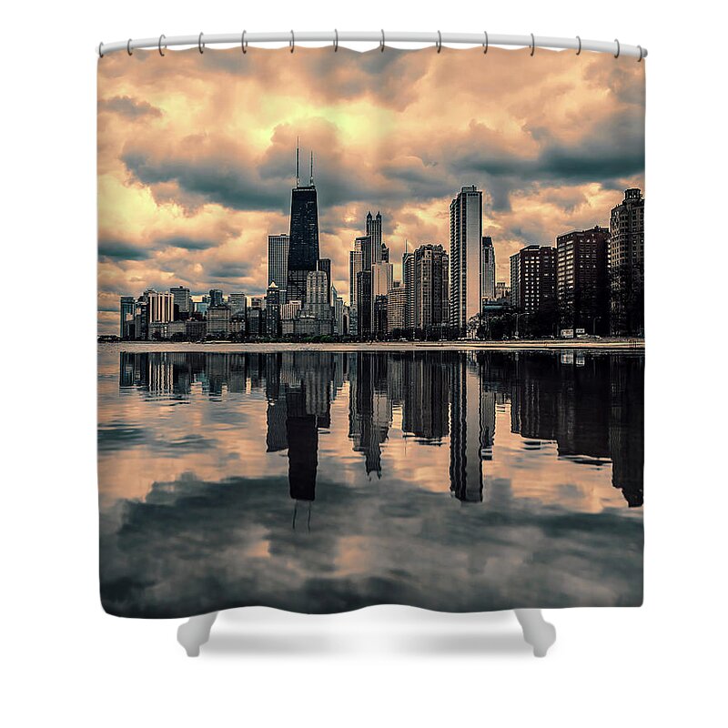 Chicago Sunset Shower Curtain featuring the photograph Chicago Gold Coast Skyline Sunset by Gigi Ebert