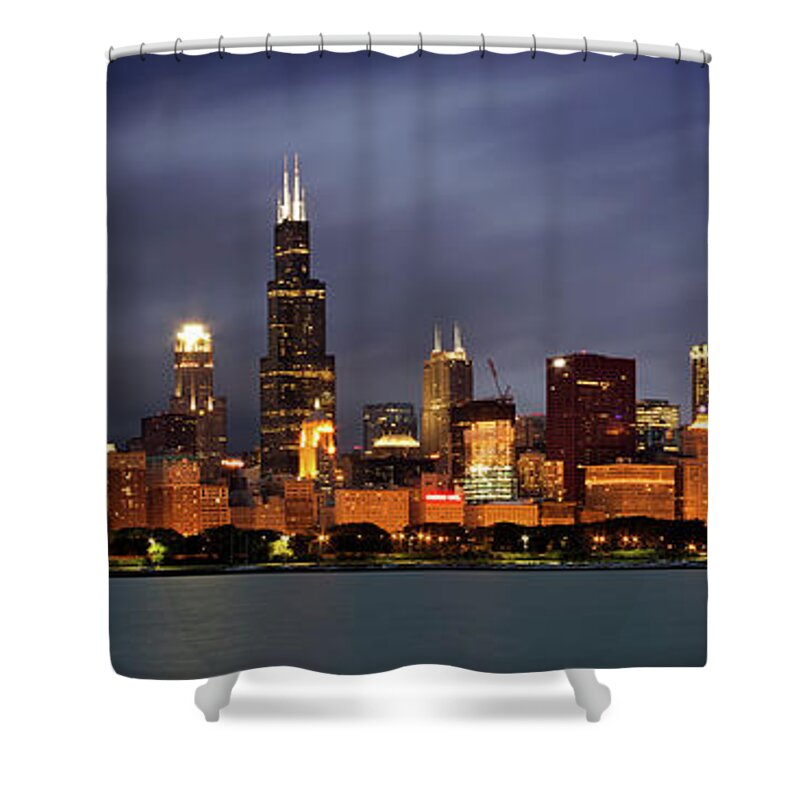 3scape Shower Curtain featuring the photograph Chicago Skyline at Night Color Panoramic by Adam Romanowicz