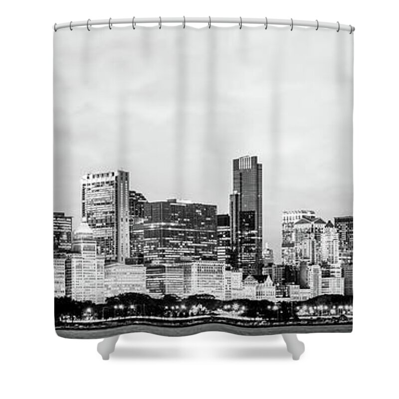 2010 Shower Curtain featuring the photograph Chicago Skyline Black and White Panoramic Photo by Paul Velgos