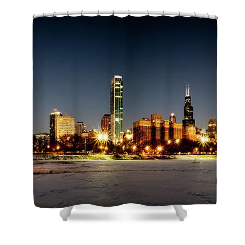 Panoramic Shower Curtain featuring the photograph Chicago Skyline from grant park panoramic by Sven Brogren