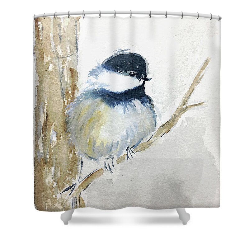 Chickadee Shower Curtain featuring the painting Chickadee in a Tree by Roxy Rich