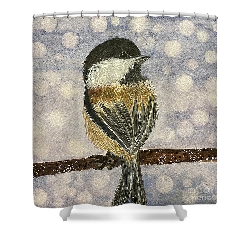 Chickadee Shower Curtain featuring the painting Chickadee In Snow by Lisa Neuman