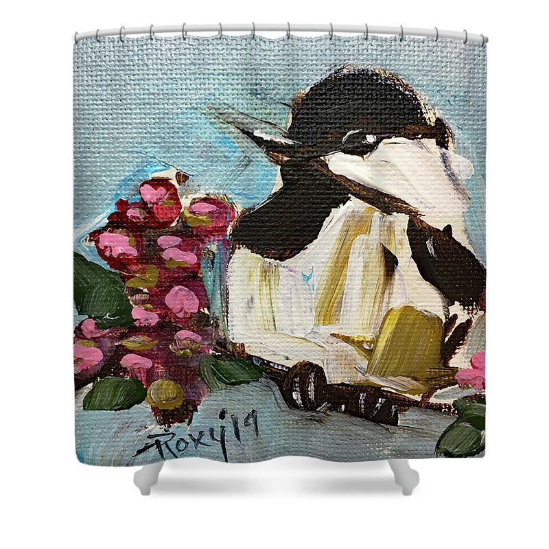 Chickadee Shower Curtain featuring the painting Chickadee with Pink Berries by Roxy Rich