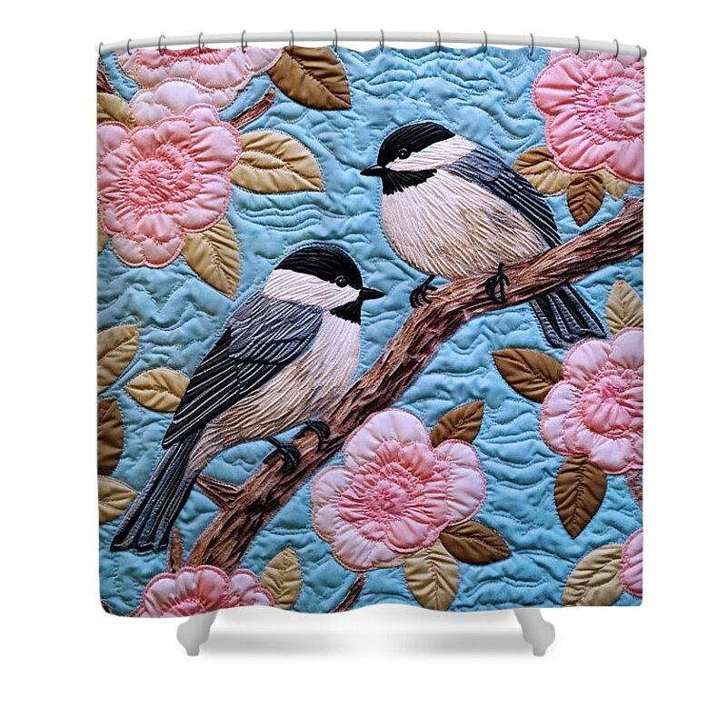 Chickadees Shower Curtain featuring the digital art Chickadees and Cherry Blossoms - Quilted Effect by Peggy Collins
