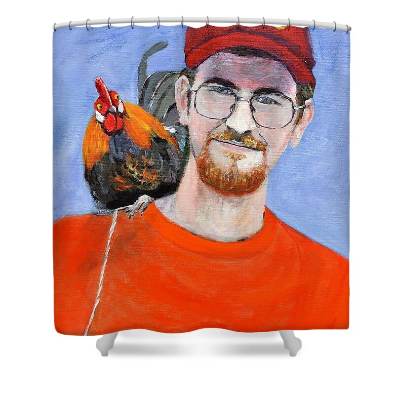 Chicken Shower Curtain featuring the painting Chicken Man by Cyndie Katz