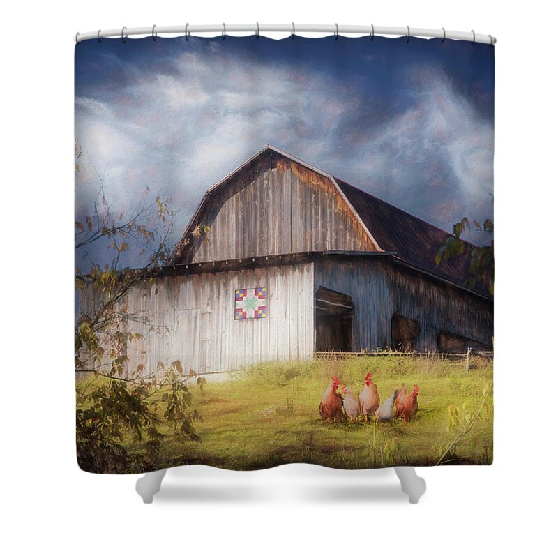 Chicken Shower Curtain featuring the photograph Chickens at the Farm Barn Painting by Debra and Dave Vanderlaan