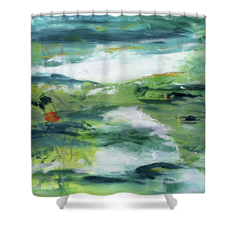Turquoise Shower Curtain featuring the painting Childhood Pastures by Diane Maley