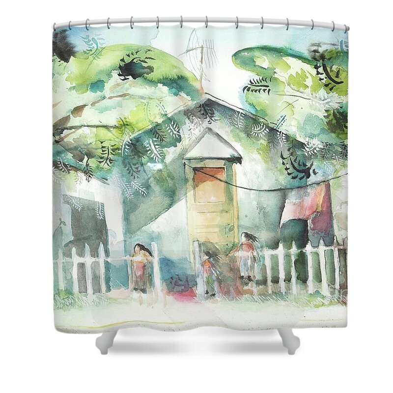 #children #play #childrenatplay #watercolor #watercolorpainting #rural #house #trees #picketfence #fence #door #s14 #southerncalifornia #california #vista #glenneff #neff #thesoundpoetsmusic #picturerockstudio Www.glenneff.com Shower Curtain featuring the painting Children at Play by Glen Neff