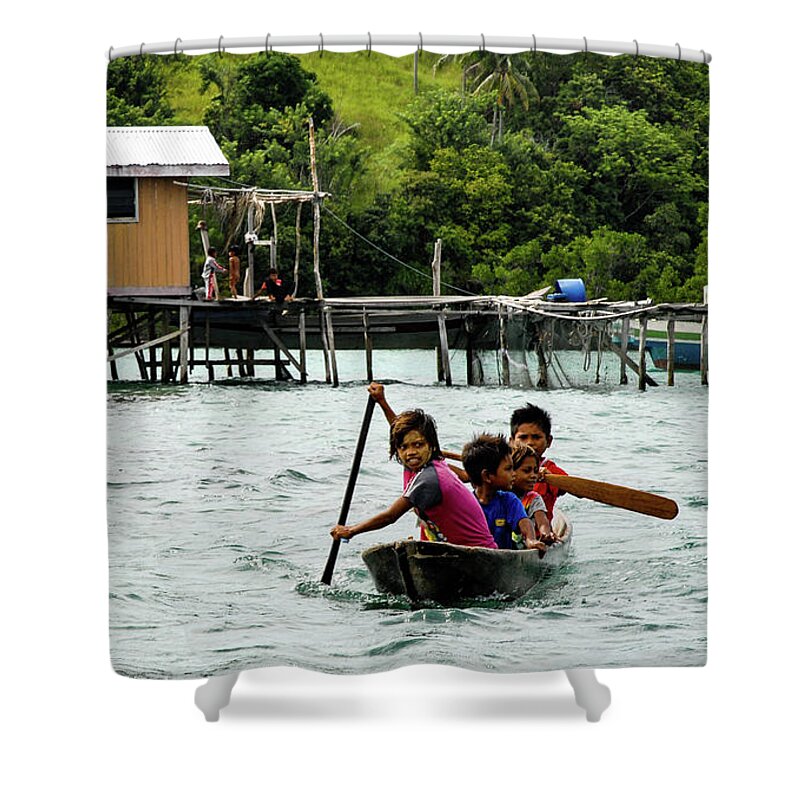 Sea Shower Curtain featuring the photograph Children Of The Reef - Sea Gypsy Village, Sabah. Malaysian Borneo by Earth And Spirit