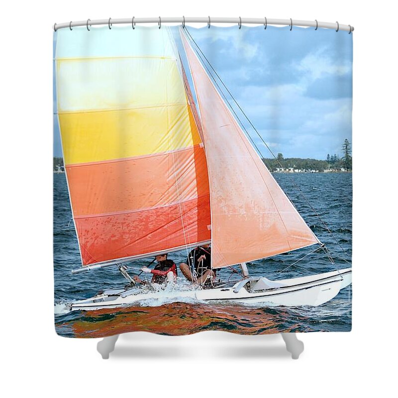 Sunnypicsoz.com Shower Curtain featuring the photograph Children Sailing racing boats. by Geoff Childs