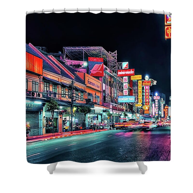 Bangkok Shower Curtain featuring the photograph Chinatown By Night by Manjik Pictures