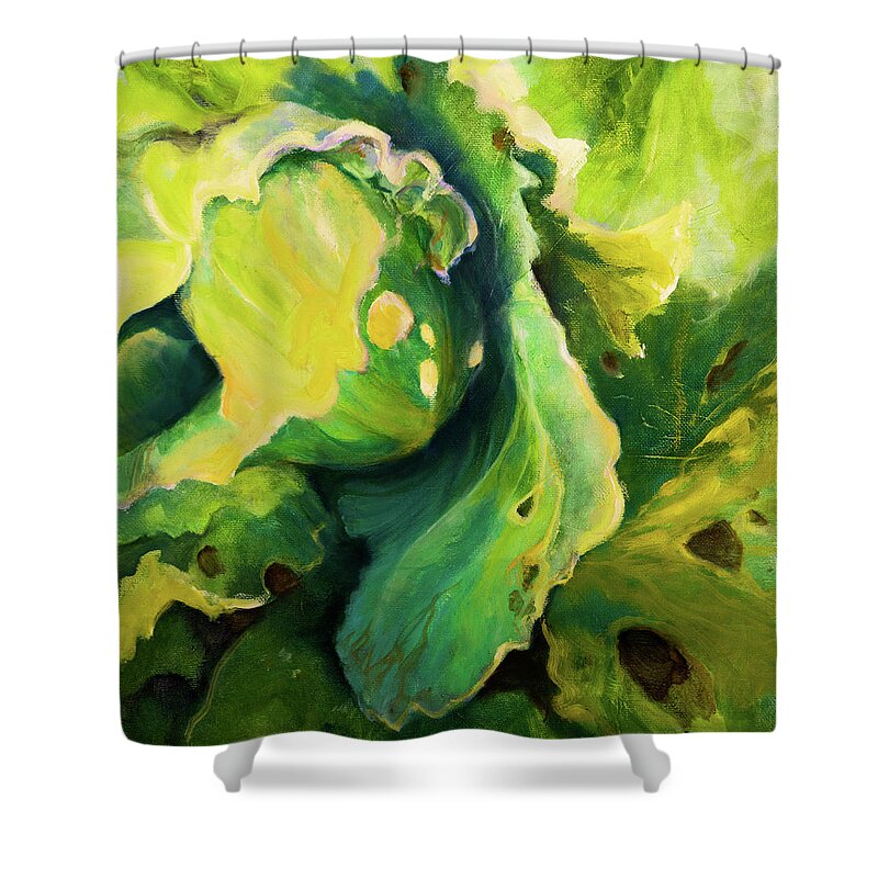 Green Shower Curtain featuring the painting Chou Chou Vert by Carol Klingel
