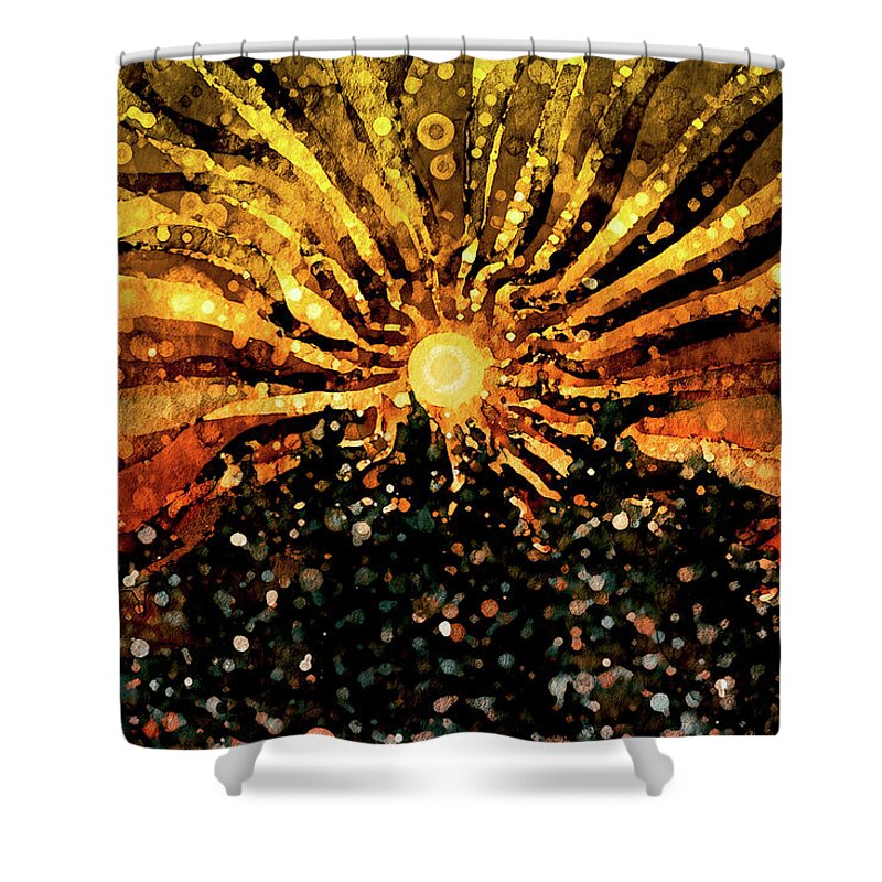 Abstract Sun Shower Curtain featuring the mixed media Christmas Dawn by Peggy Collins