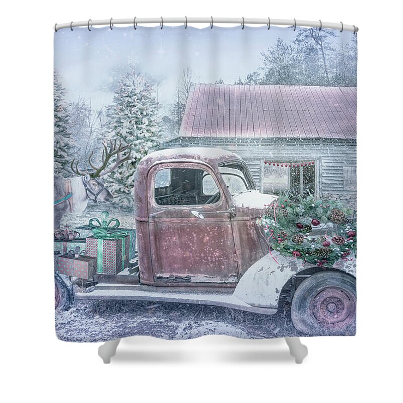 Barns Shower Curtain featuring the photograph Christmas Eve Reindeer in Pale Tones by Debra and Dave Vanderlaan