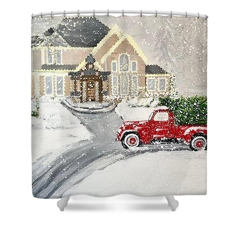 Christmas Shower Curtain featuring the painting Christmas in Montana by Juliette Becker