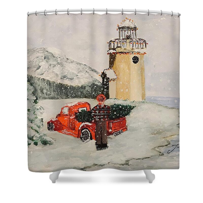 Rainier Shower Curtain featuring the painting Christmas in the Harbor by Juliette Becker