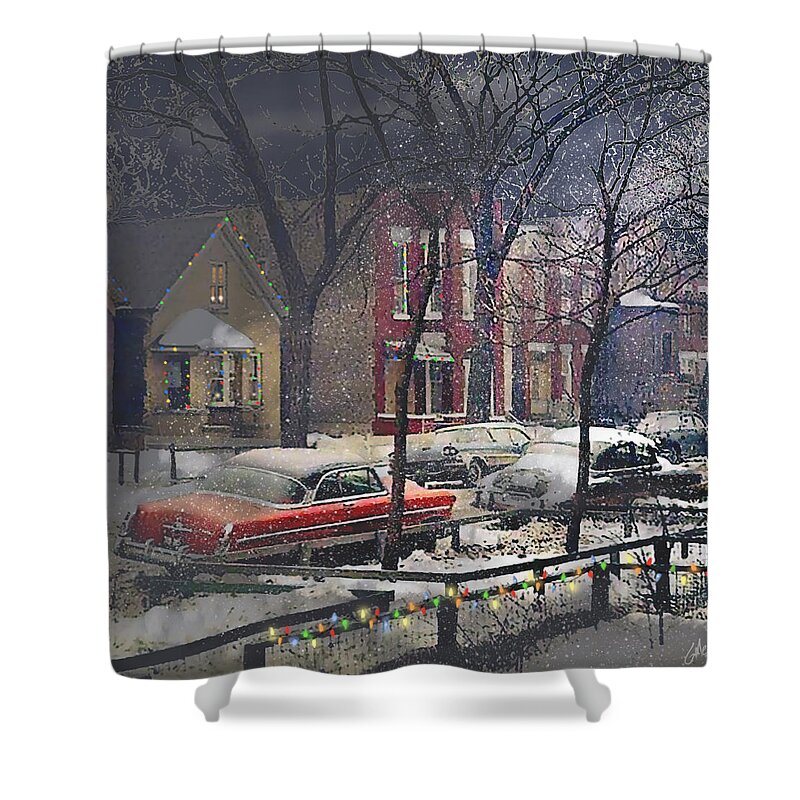 Christmas Shower Curtain featuring the digital art Christmas in Wicker Park Chicago 1960 by Glenn Galen