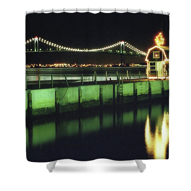 Newport Bridge Shower Curtain featuring the photograph Christmas on the Bay by Jim Feldman