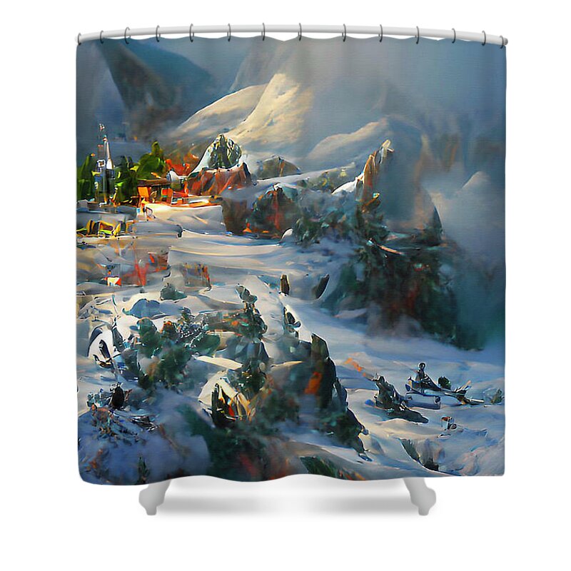A Fantasy/impressionistic World In The Mountains On Christmas Eve.  Shower Curtain featuring the digital art Christmas on the Mountain by Rod Melotte