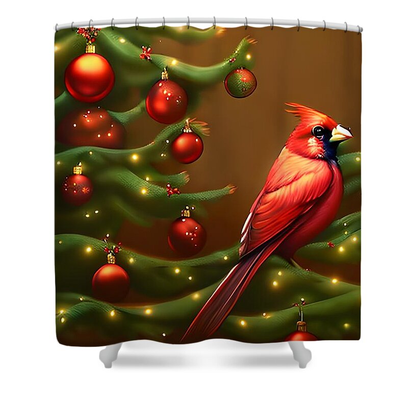Digital Bird Christmas Tree Red Shower Curtain featuring the digital art Christmas Tree Cardinal by Beverly Read