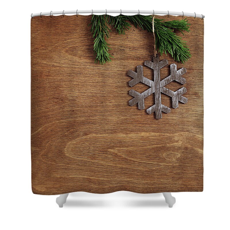 Christmas Shower Curtain featuring the mixed media Christmas Wooden Background With Snowflake by Mikhail Kokhanchikov