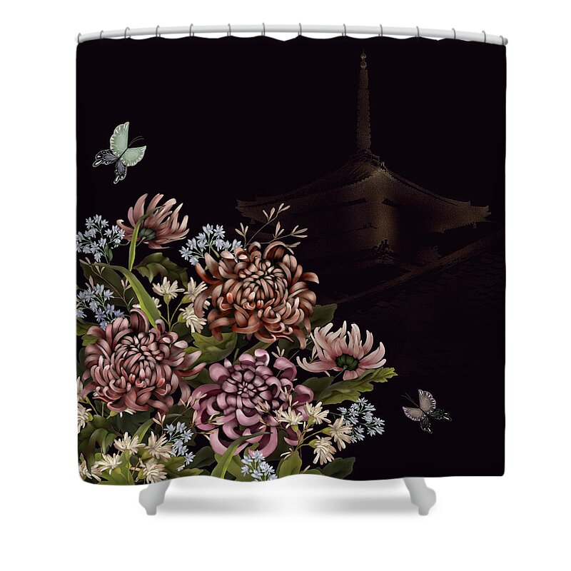 Chinoiserie Shower Curtain featuring the digital art Chrysanthemums and Butterflies Glitter Temple Chinoiserie by Sand And Chi